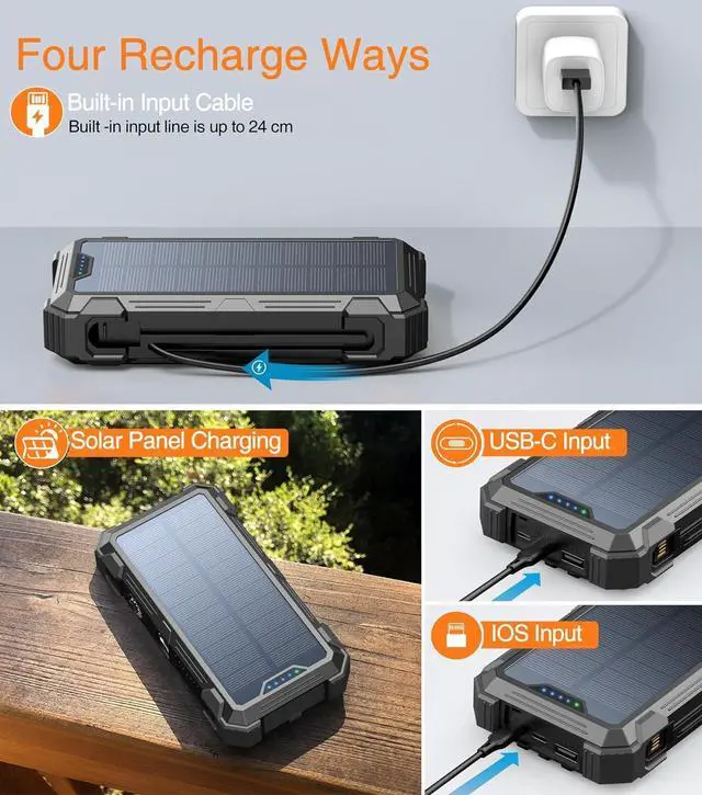 Alt view image 4 of 6 - Portable Charger 42800mAh Built in 4 Cables and Thermometer 15W Fast Charging Power Bank Five Outputs Three Inputs Solar Charger Power Bank SOS/Strobe/Strong Flashlights Carabiner