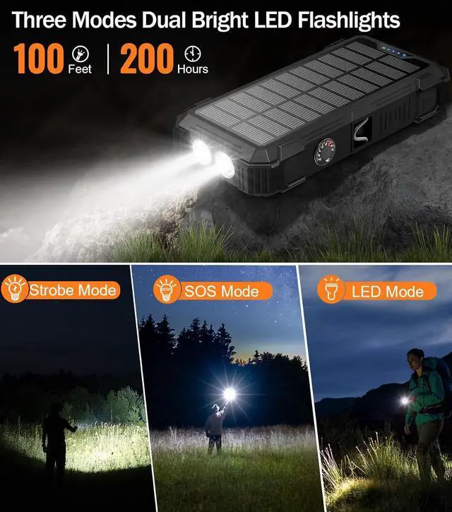 Alt view image 6 of 6 - Portable Charger 42800mAh Built in 4 Cables and Thermometer 15W Fast Charging Power Bank Five Outputs Three Inputs Solar Charger Power Bank SOS/Strobe/Strong Flashlights Carabiner