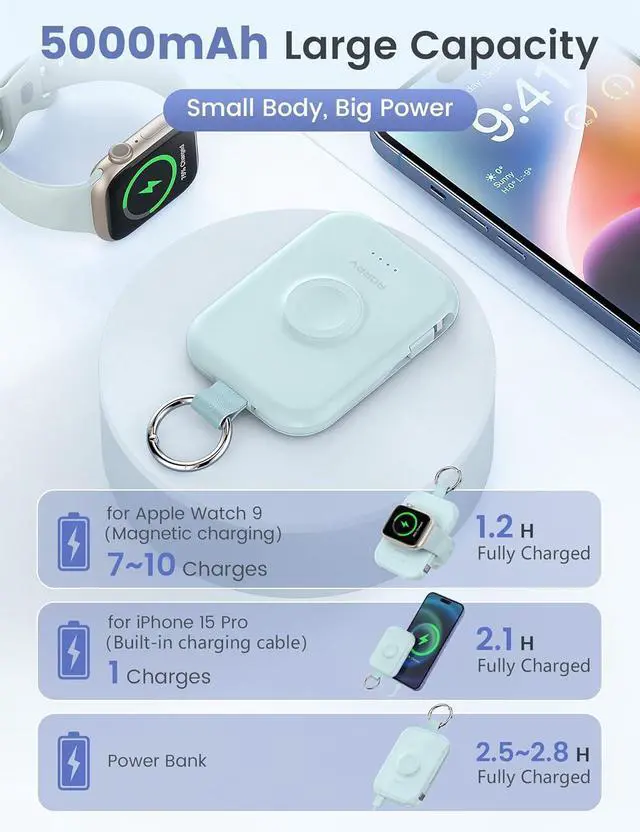 Alt view image 3 of 6 - Portable Charger 5000mAh Portable Charger Power Bank with Built-in Cables Travel Keychain Battery Pack for  Watch Ultra 2/10/9/8/Ultra/7/6/SE/5 iPhone 16/15/14/13/12 Blue
