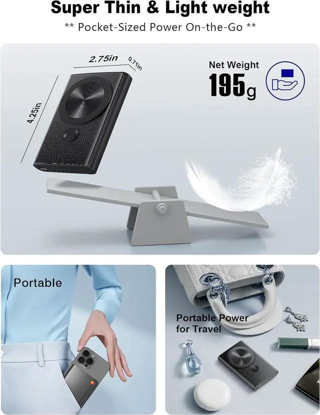 Alt view image 6 of 7 - Magnetic Portable Charger 10000mAh 22.5W PD Super Fast Charging Wireless Power Bank. Ultra-Strong Magnet USB C in&Out Battery Pack for Magsafe iPhone 16/15/14/13/12 Pro Series Black