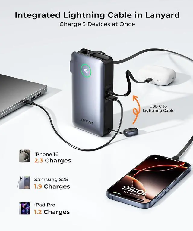 Alt view image 5 of 7 - Portable Charger Power Bank - Travel Essentials Battery Pack 35W AC Plug GaN 10000mAh Built in Cable USB C Phone Fast Charging Powerbank Compatible with iPhone 16 15 14 13 iPad MacBook