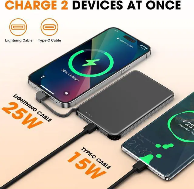 Alt view image 3 of 7 - for MagSafe Portable Charger 0.3 Ultra Slim 5000mAh Magnetic Power Bank 25W PD Fast Charging Battery Pack with Built-in Cable Travel Battery Bank for for iPhone 16/15/14/13/12 Black