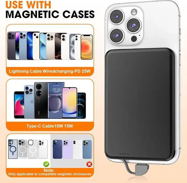 Alt view image 6 of 7 - for MagSafe Portable Charger 0.3 Ultra Slim 5000mAh Magnetic Power Bank 25W PD Fast Charging Battery Pack with Built-in Cable Travel Battery Bank for for iPhone 16/15/14/13/12 Black