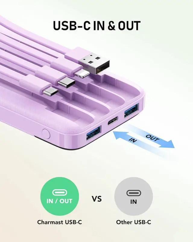 Alt view image 2 of 7 - Portable Charger with Built in Cables 10000mAh Slim Power Bank 15W USB C in&Out Port High Speed Charging External Charger Battery Pack Compatible with iPhone 16 15 13  Google iPad