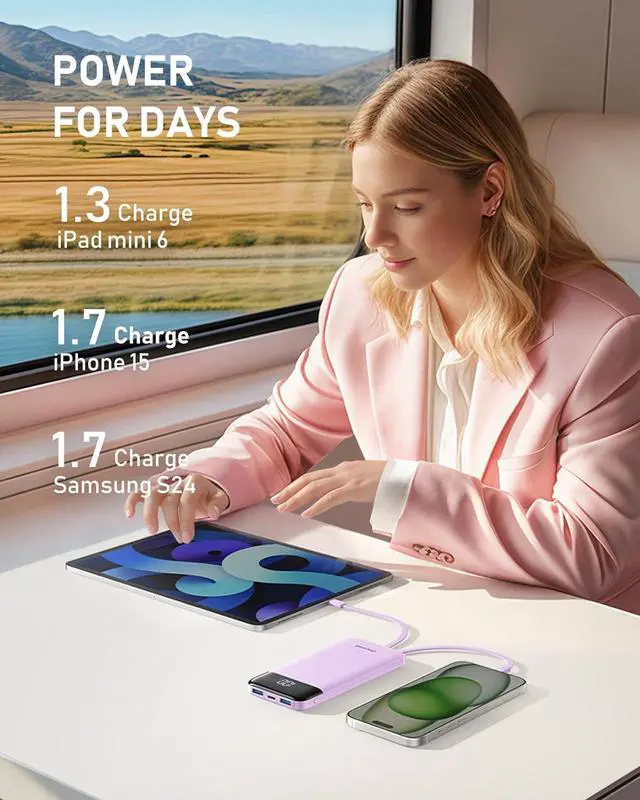 Alt view image 7 of 7 - Portable Charger with Built in Cables 10000mAh Slim Power Bank 15W USB C in&Out Port High Speed Charging External Charger Battery Pack Compatible with iPhone 16 15 13  Google iPad