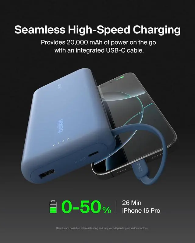 Alt view image 5 of 7 - Portable Charger Power Bank with Integrated Cable 20000 mAh 30W - Fast Charging USB C Power Delivery iPhone Charger - iPhone 16 Series iPad Pro Galaxy S25 Series & More - Blue