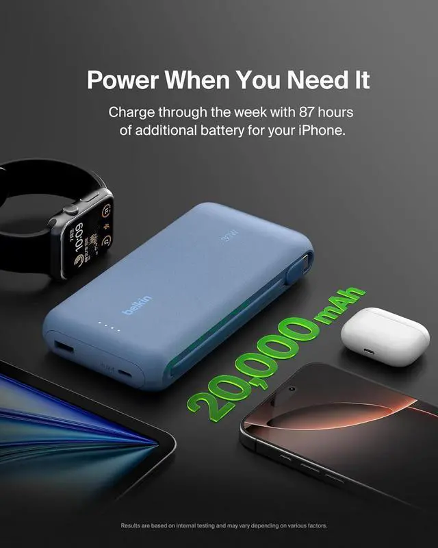 Alt view image 7 of 7 - Portable Charger Power Bank with Integrated Cable 20000 mAh 30W - Fast Charging USB C Power Delivery iPhone Charger - iPhone 16 Series iPad Pro Galaxy S25 Series & More - Blue