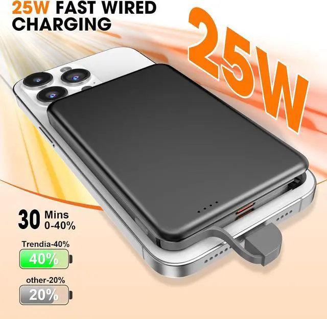 Alt view image 4 of 7 - for MagSafe Portable Charger 0.3 Ultra Slim 5000mAh Magnetic Power Bank 25W PD Fast Charging Battery Pack with Built-in Cable Travel Battery Bank for for iPhone 16/15/14/13/12 Black