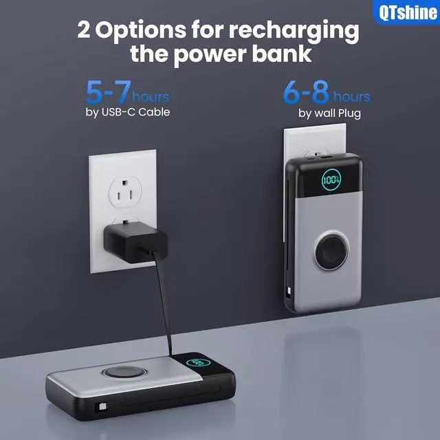 Alt view image 3 of 7 - Portable Charger 40800mAh Power Bank with Built-in Cables Wall Plug and iWatch Charger 6-IN-1 QC4.0+25W PD USB C Fast Phone Charging LCD Display Battery Pack for iPhone 16/15/14  Watch Galaxy etc