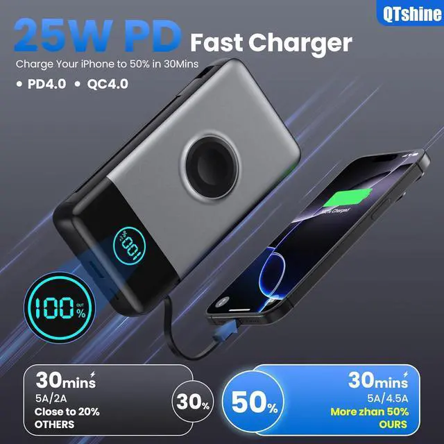 Alt view image 4 of 7 - Portable Charger 40800mAh Power Bank with Built-in Cables Wall Plug and iWatch Charger 6-IN-1 QC4.0+25W PD USB C Fast Phone Charging LCD Display Battery Pack for iPhone 16/15/14  Watch Galaxy etc