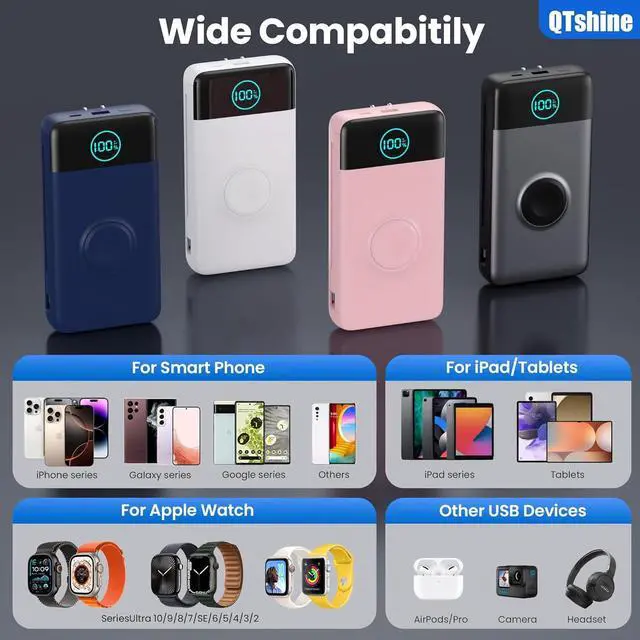 Alt view image 6 of 7 - Portable Charger 40800mAh Power Bank with Built-in Cables Wall Plug and iWatch Charger 6-IN-1 QC4.0+25W PD USB C Fast Phone Charging LCD Display Battery Pack for iPhone 16/15/14  Watch Galaxy etc