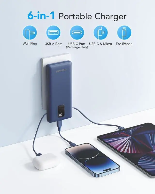Alt view image 2 of 7 - Charmast Portable Charger with Built-in Cables and Plug 10000mAh USB C Power Bank Fast Charging 15W External Battery Pack Slim Travel Essentials Compatible with 16 15 14 13  Galaxy iPad