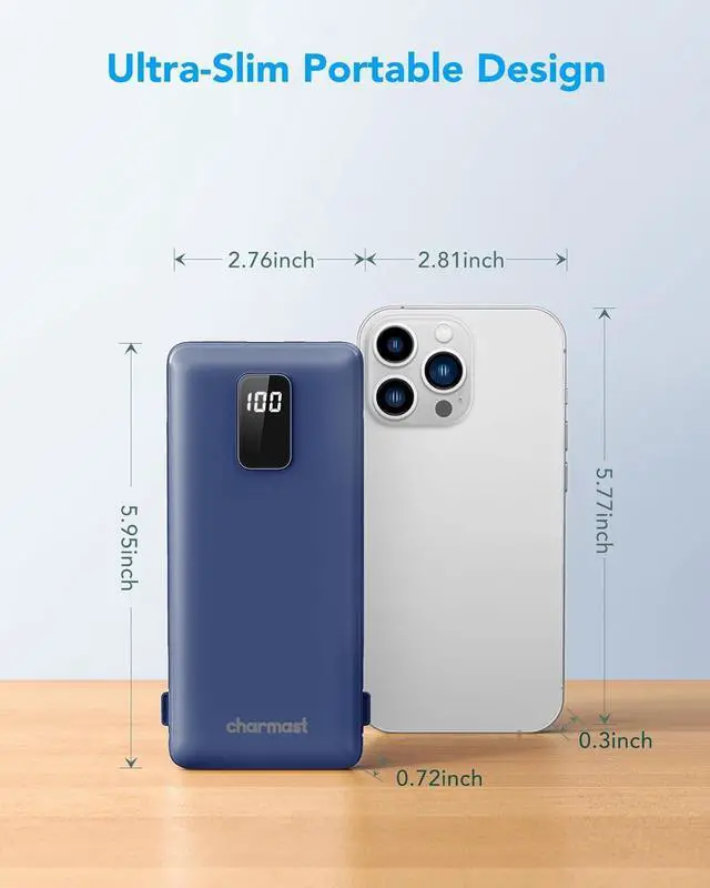 Alt view image 3 of 7 - Charmast Portable Charger with Built-in Cables and Plug 10000mAh USB C Power Bank Fast Charging 15W External Battery Pack Slim Travel Essentials Compatible with 16 15 14 13  Galaxy iPad