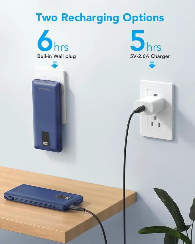 Alt view image 4 of 7 - Charmast Portable Charger with Built-in Cables and Plug 10000mAh USB C Power Bank Fast Charging 15W External Battery Pack Slim Travel Essentials Compatible with 16 15 14 13  Galaxy iPad