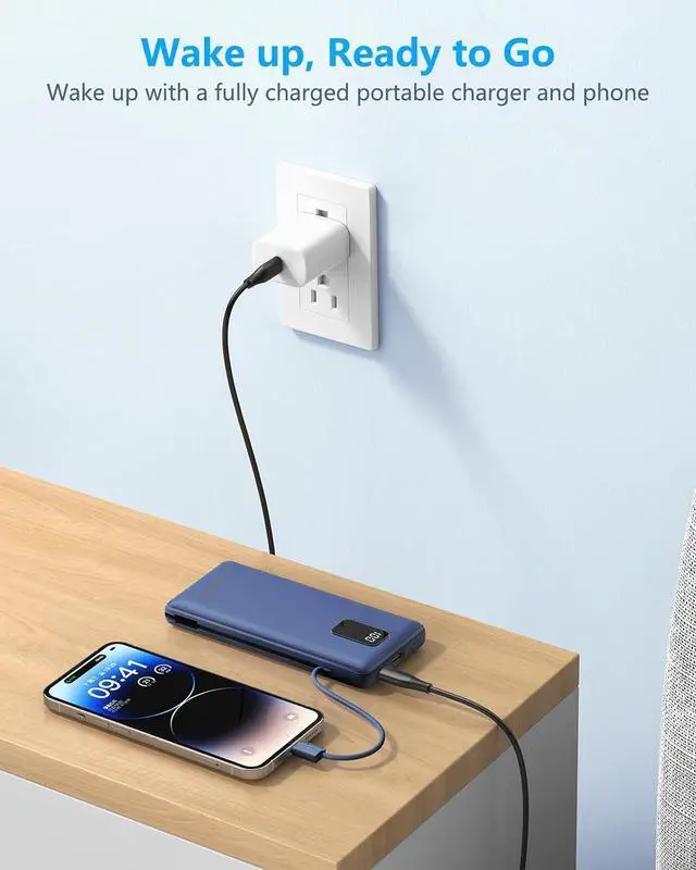 Alt view image 7 of 7 - Charmast Portable Charger with Built-in Cables and Plug 10000mAh USB C Power Bank Fast Charging 15W External Battery Pack Slim Travel Essentials Compatible with 16 15 14 13  Galaxy iPad