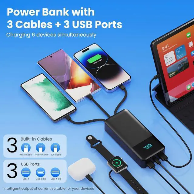 Alt view image 3 of 7 - Portable Charger 50800mAh Power Bank with 3 Built in Cables 25W PD QC4.0 Fast Charging USB C Battery Pack 6 Outputs 2 Inputs LCD Display Portable Phone Charger for iPhone 16/15/14/13 Google Android