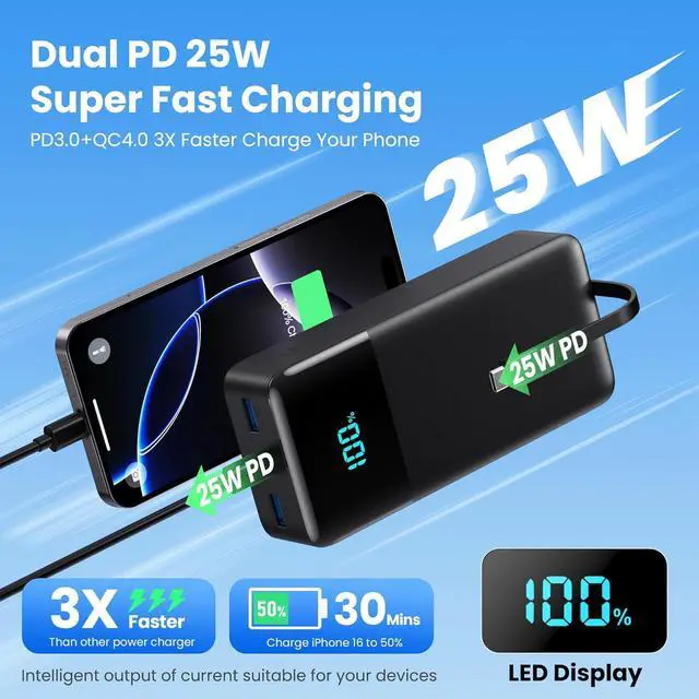 Alt view image 4 of 7 - Portable Charger 50800mAh Power Bank with 3 Built in Cables 25W PD QC4.0 Fast Charging USB C Battery Pack 6 Outputs 2 Inputs LCD Display Portable Phone Charger for iPhone 16/15/14/13 Google Android