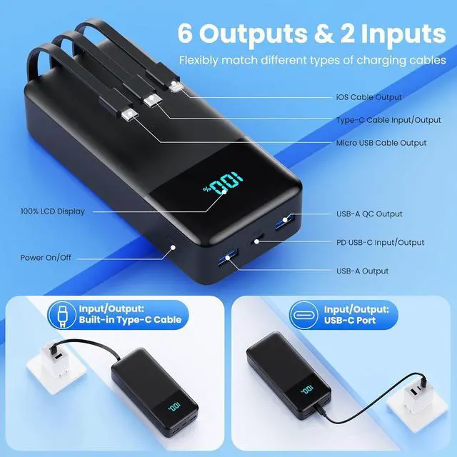 Alt view image 5 of 7 - Portable Charger 50800mAh Power Bank with 3 Built in Cables 25W PD QC4.0 Fast Charging USB C Battery Pack 6 Outputs 2 Inputs LCD Display Portable Phone Charger for iPhone 16/15/14/13 Google Android