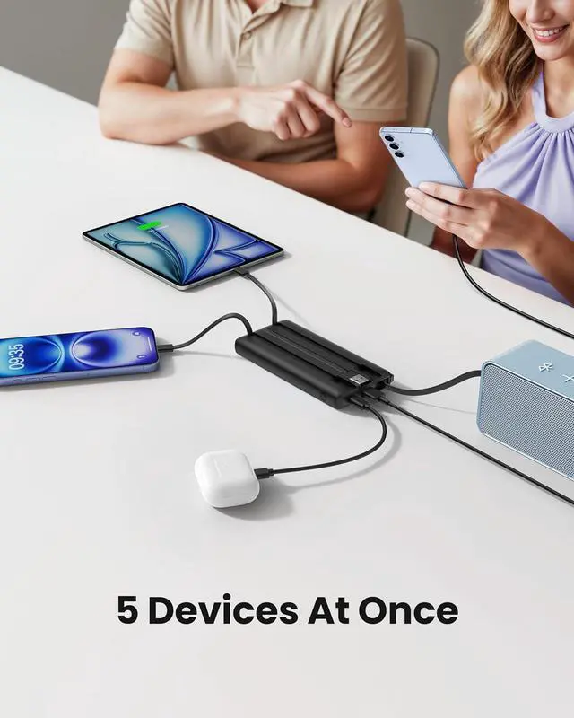 Alt view image 3 of 7 - Portable Charger with Built in Cables Slim 10000mAh Power Bank with USB C External Battery Pack 5 Outputs 2 Inputs LED Display Compatible with iPhone/Android & More (Black)