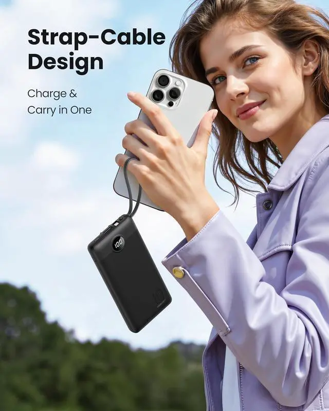 Alt view image 4 of 7 - Portable Charger with Built in Cables Slim 10000mAh Power Bank with USB C External Battery Pack 5 Outputs 2 Inputs LED Display Compatible with iPhone/Android & More (Black)