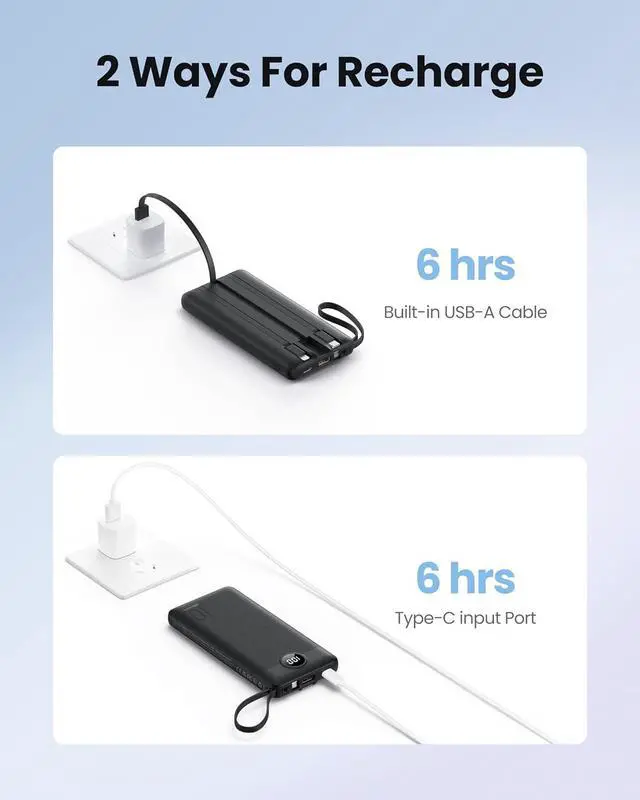 Alt view image 6 of 7 - Portable Charger with Built in Cables Slim 10000mAh Power Bank with USB C External Battery Pack 5 Outputs 2 Inputs LED Display Compatible with iPhone/Android & More (Black)