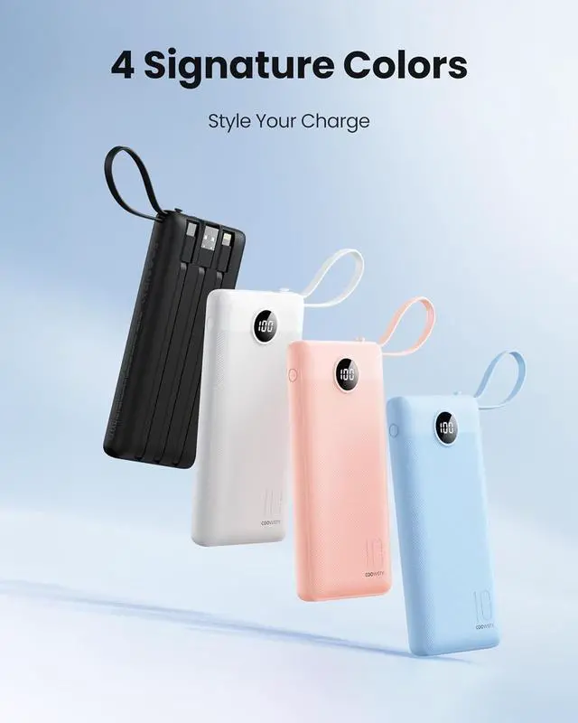 Alt view image 7 of 7 - Portable Charger with Built in Cables Slim 10000mAh Power Bank with USB C External Battery Pack 5 Outputs 2 Inputs LED Display Compatible with iPhone/Android & More (Black)