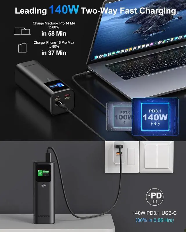 Alt view image 3 of 7 - Laptop Power Bank 27 600mAh 162.5W Aluminum Unibody PD3.1 Fast Charging Portable Charger Power Bank 99Wh Battery Bank for MacBook Pro/Air/iPhone 16/iPad/S25 Ultra//HP (Flight-Approved)