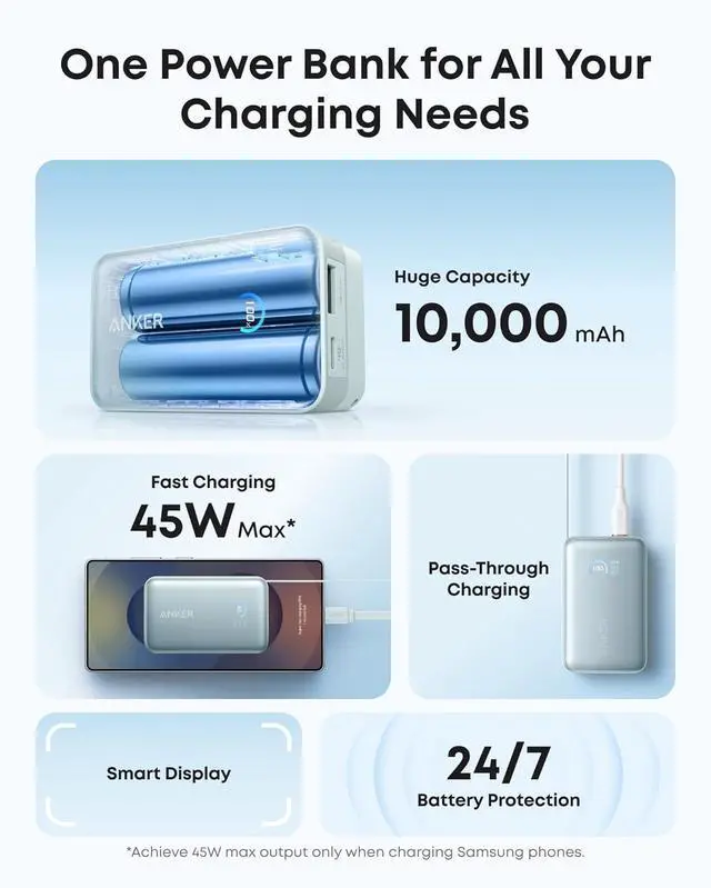 Alt view image 3 of 6 - Nano Power Bank 10 000mAh Portable Charger with 2.3 ft InstaCord Retractable Cable 45W Max Compact Battery Pack Smart Display for iPhone 16/17 Series iPad Galaxy Pixel and More