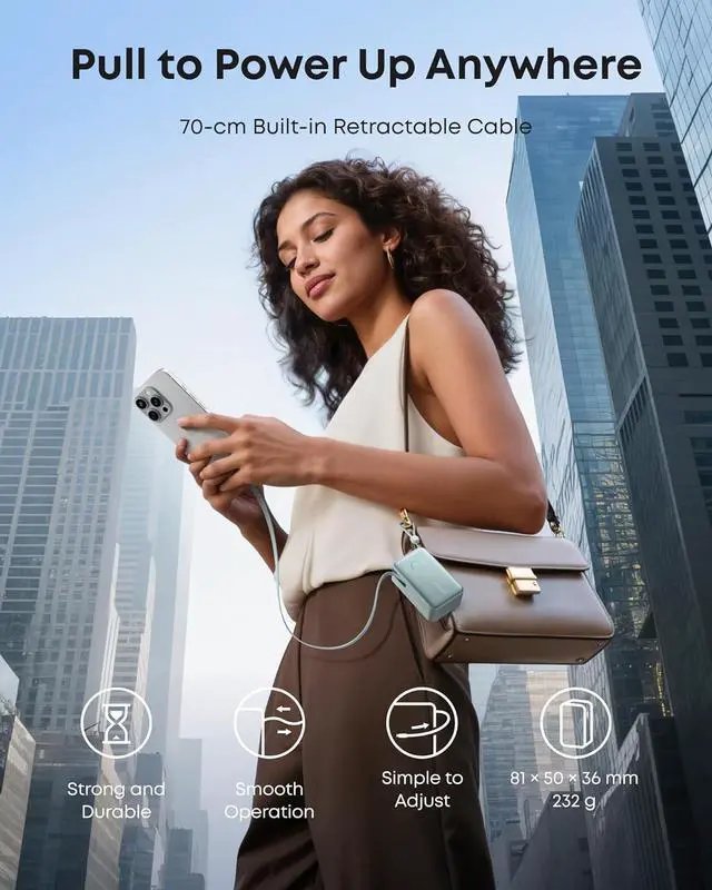 Alt view image 5 of 6 - Nano Power Bank 10 000mAh Portable Charger with 2.3 ft InstaCord Retractable Cable 45W Max Compact Battery Pack Smart Display for iPhone 16/17 Series iPad Galaxy Pixel and More