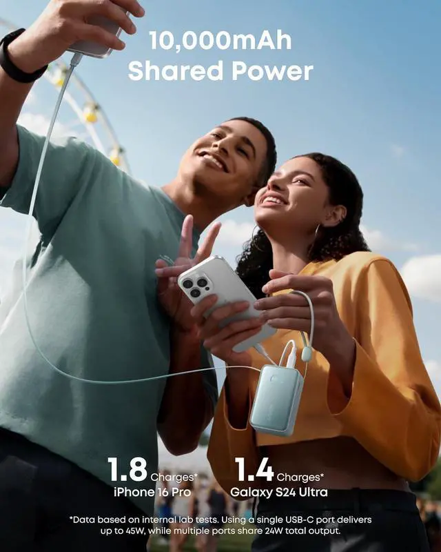 Alt view image 6 of 6 - Nano Power Bank 10 000mAh Portable Charger with 2.3 ft InstaCord Retractable Cable 45W Max Compact Battery Pack Smart Display for iPhone 16/17 Series iPad Galaxy Pixel and More