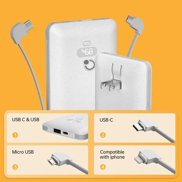 Alt view image 6 of 6 - 10000mAh Portable Charger with Built-in Cables and AC Wall Plug USB C Fast Charging Power Bank with 3 Cords 5 Output External Battery Pack Compatible with iPhone Tablet and All Smart Phones