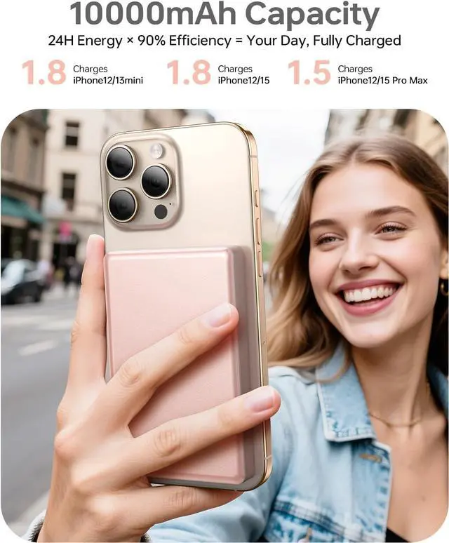 Alt view image 2 of 7 - 10 000mAh for MagSafe Power Bank Ultra Slim Magnetic Wireless Charger with USB-C Cable Fast Charging Portable Battery for iPhone 16/15/14/13/12 Series All-Metal Design (Rose Gold)