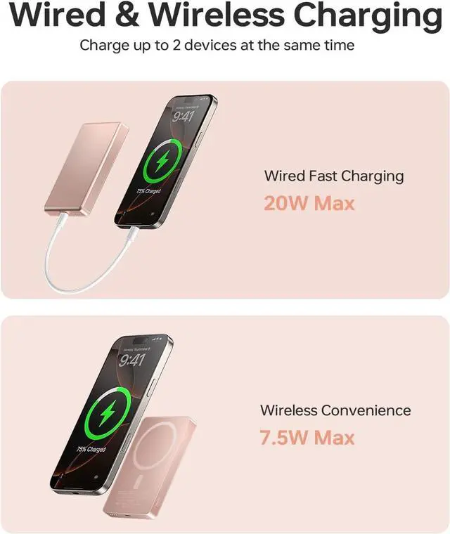 Alt view image 4 of 7 - 10 000mAh for MagSafe Power Bank Ultra Slim Magnetic Wireless Charger with USB-C Cable Fast Charging Portable Battery for iPhone 16/15/14/13/12 Series All-Metal Design (Rose Gold)