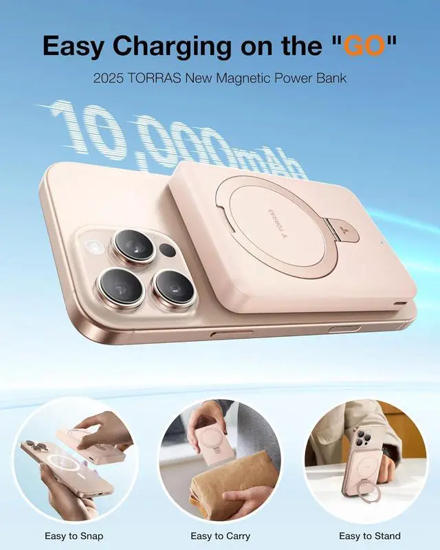 Alt view image 2 of 7 - 10000mAh Magnetic Portable Charger Power Bank for iPhone Fast Charging Travel Essential Wireless Battery Pack OStand Compatible with Magsafe i Phone 16 Pro Max Pro 15 14 13 12 Rose Gold