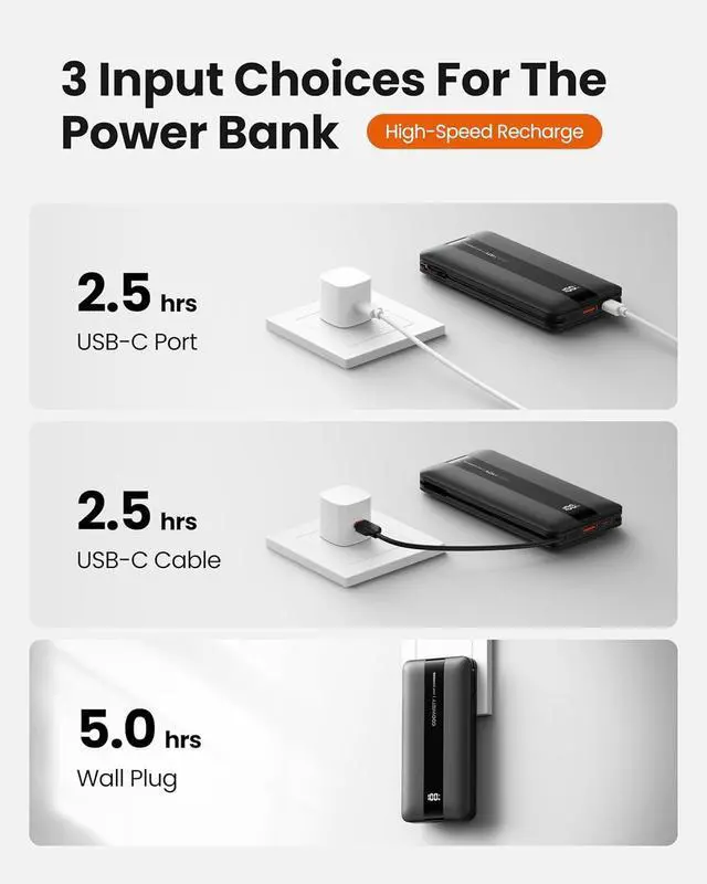 Alt view image 4 of 7 - Portable Charger with Foldable AC Wall Plug Fast Charging 10500mAh 22.5W Power Bank with Built-in Cables 4 Outputs 3 Inputs LED Display Slim Battery Pack Compatible with iPhone/Android (Black)