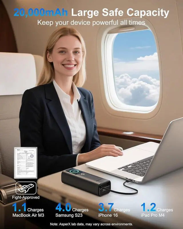 Alt view image 2 of 7 - Laptop Power Bank 20 000mAh 165W Retractable Cables Aluminum Alloy Unibody Portable Charger Power Bank Battery Bank for MacBook Pro/Air/iPhone 16/iPad Pro/S25 Ultra//HP(Flight-Approved)