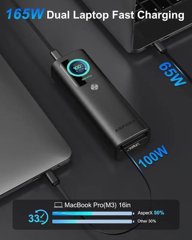 Alt view image 3 of 7 - Laptop Power Bank 20 000mAh 165W Retractable Cables Aluminum Alloy Unibody Portable Charger Power Bank Battery Bank for MacBook Pro/Air/iPhone 16/iPad Pro/S25 Ultra//HP(Flight-Approved)