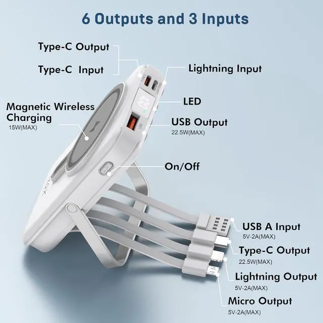 Alt view image 2 of 7 - Wireless Portable Charger 10000mAh Magnetic Power Bank with Built-in Cables LED Display 22.5W PD Fast Charging for Magsafe Battery Pack Compatible with iPhone16/15/14/13/12/Pro/Pro Max (White)