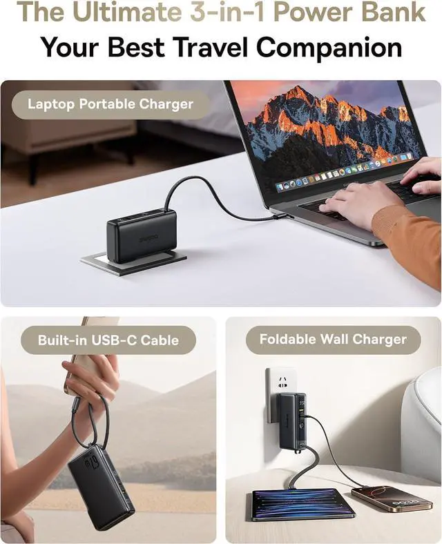 Alt view image 2 of 7 - Nomos Power Bank 67W Foldable Wall Plug and 10 000mAh 35W Portable Charger 3-in-1 Travel Essentials Battery Pack Built-in USB-C Cable for iPhone 16 15 Series  MacBook Laptop