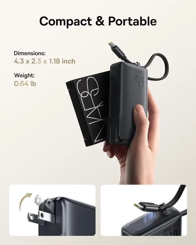 Alt view image 4 of 7 - Nomos Power Bank 67W Foldable Wall Plug and 10 000mAh 35W Portable Charger 3-in-1 Travel Essentials Battery Pack Built-in USB-C Cable for iPhone 16 15 Series  MacBook Laptop