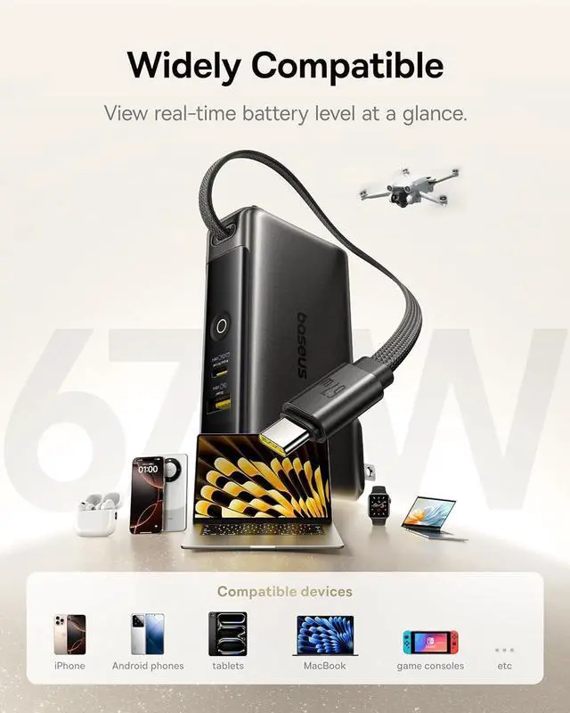 Alt view image 7 of 7 - Nomos Power Bank 67W Foldable Wall Plug and 10 000mAh 35W Portable Charger 3-in-1 Travel Essentials Battery Pack Built-in USB-C Cable for iPhone 16 15 Series  MacBook Laptop