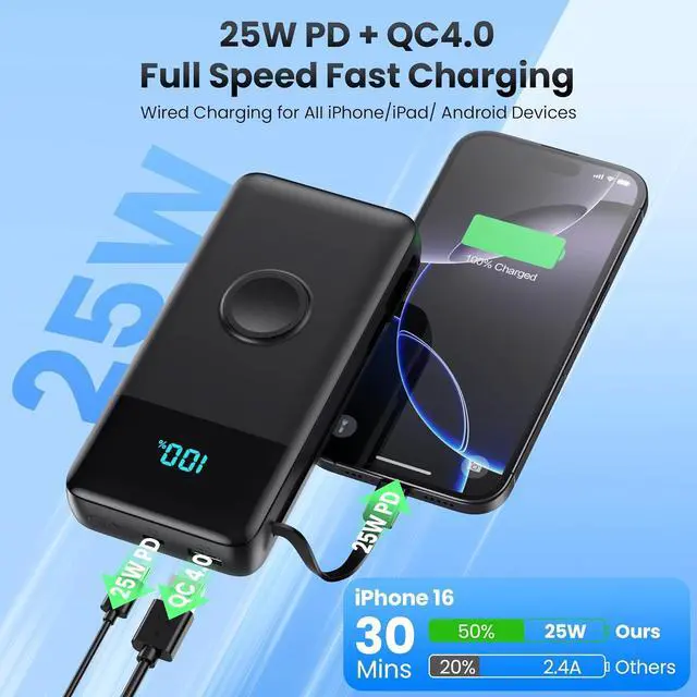 Alt view image 3 of 7 - Portable Charger 40800mAh for iPhone with 2 Built-in Cable and iWatch Charger 5-in-1 25W PD Fast Charging USB C Power Bank QC4.0 LED Display Battery Pack for iPhone 16/15/14/13/12 Android  Watch