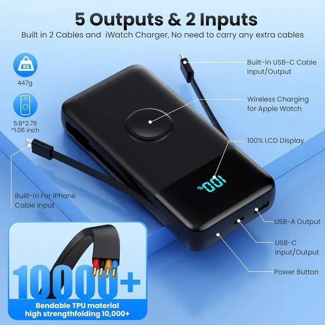 Alt view image 6 of 7 - Portable Charger 40800mAh for iPhone with 2 Built-in Cable and iWatch Charger 5-in-1 25W PD Fast Charging USB C Power Bank QC4.0 LED Display Battery Pack for iPhone 16/15/14/13/12 Android  Watch