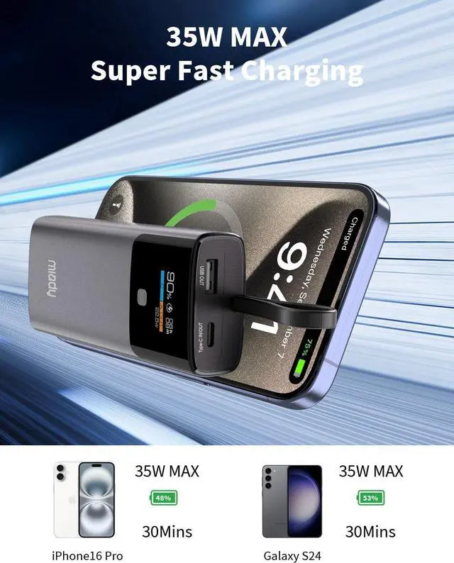 Alt view image 2 of 7 - Portable Charger PD 35W Fast Charging Small Power Bank has Smart Digital Display Screen 10000mAh Battery Pack Built-in USB-C Cable Compatible with iPhone 16/15 Galaxy S24/S22 Android and More