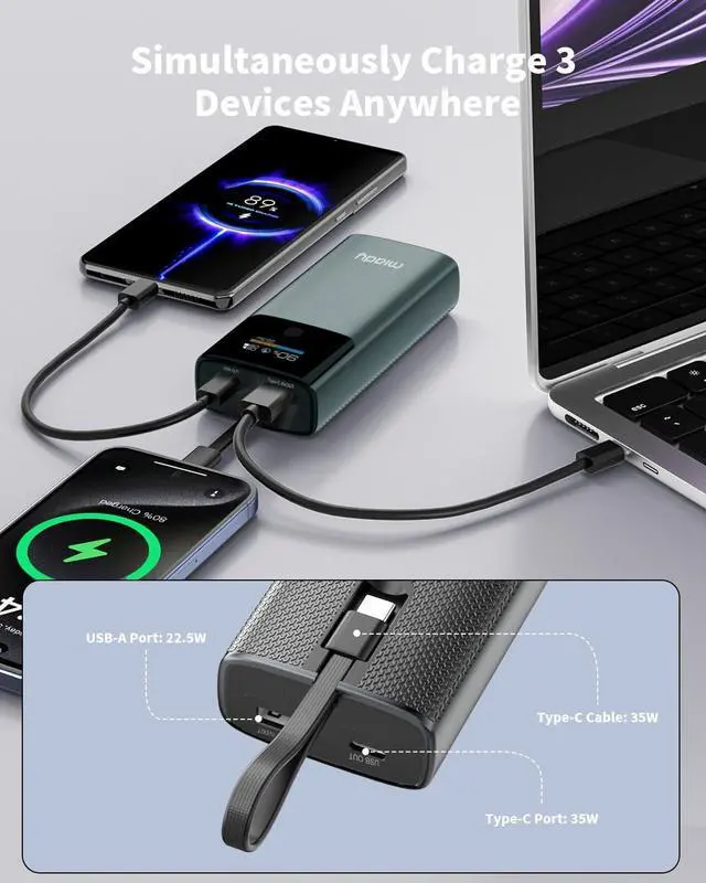 Alt view image 5 of 7 - Portable Charger PD 35W Fast Charging Small Power Bank has Smart Digital Display Screen 10000mAh Battery Pack Built-in USB-C Cable Compatible with iPhone 16/15 Galaxy S24/S22 Android and More