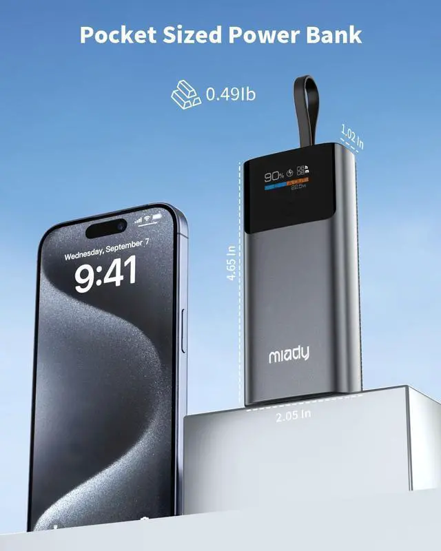 Alt view image 6 of 7 - Portable Charger PD 35W Fast Charging Small Power Bank has Smart Digital Display Screen 10000mAh Battery Pack Built-in USB-C Cable Compatible with iPhone 16/15 Galaxy S24/S22 Android and More