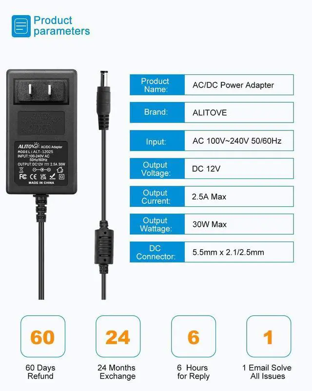 Alt view image 5 of 7 - DC 12V Power Supply 2.5A 30W Power Adapter 100~240V AC to DC 12 Volt 2500mA Converter with 5.5 x 2.5mm DC Plug for LED Strip Lights CCTV Camera PC Monitor Routers BT Speaker