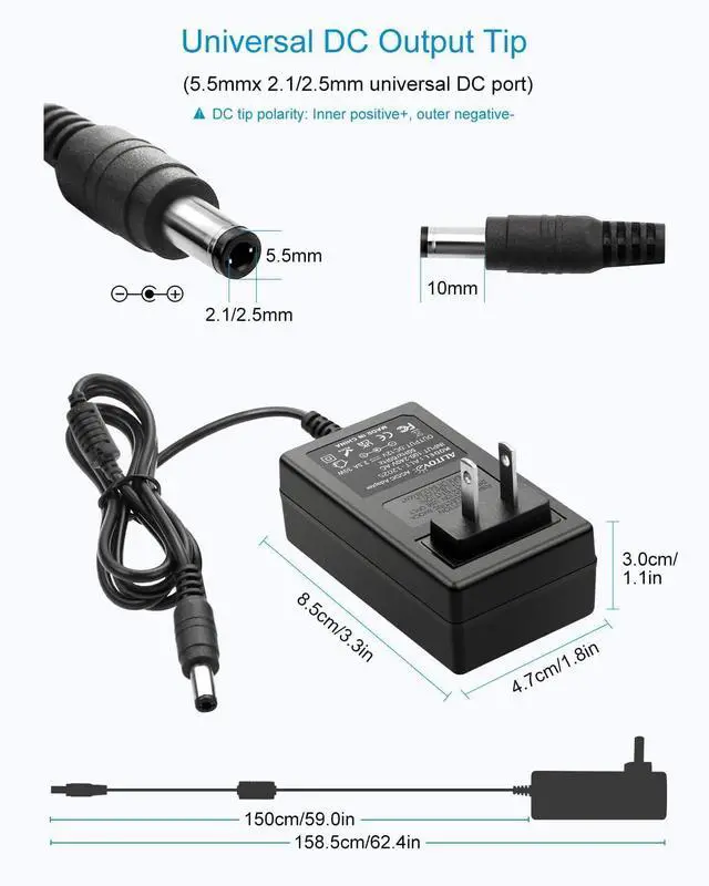 Alt view image 2 of 7 - DC 12V Power Supply 2.5A 30W Power Adapter 100~240V AC to DC 12 Volt 2500mA Converter with 5.5 x 2.5mm DC Plug for LED Strip Lights CCTV Camera PC Monitor Routers BT Speaker