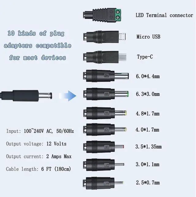 Alt view image 3 of 7 - 12V 2A Power Supply AC Adapter with 10 Tips ETL Certified Regulated 12 Volt Replacement Charger Cord for LED Strip Light CCTV Camera BT Speaker Webcam Router (6ft)