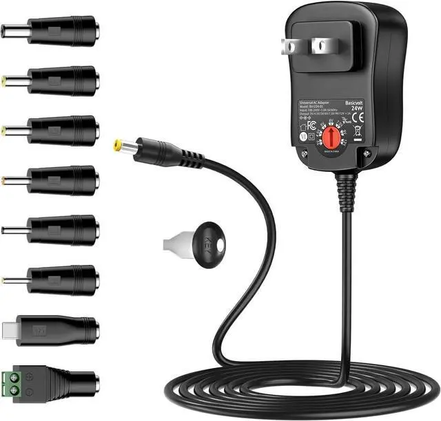 Main image of 24W 3V 4.5V 5V 6V 7.5V 9V 12V Universal AC/DC Adapter Multi-Voltage Regulated Switching Power Supply with 8 Round DC Plugs for LED Strip Light CCTV Camera Speaker Router 2A Max